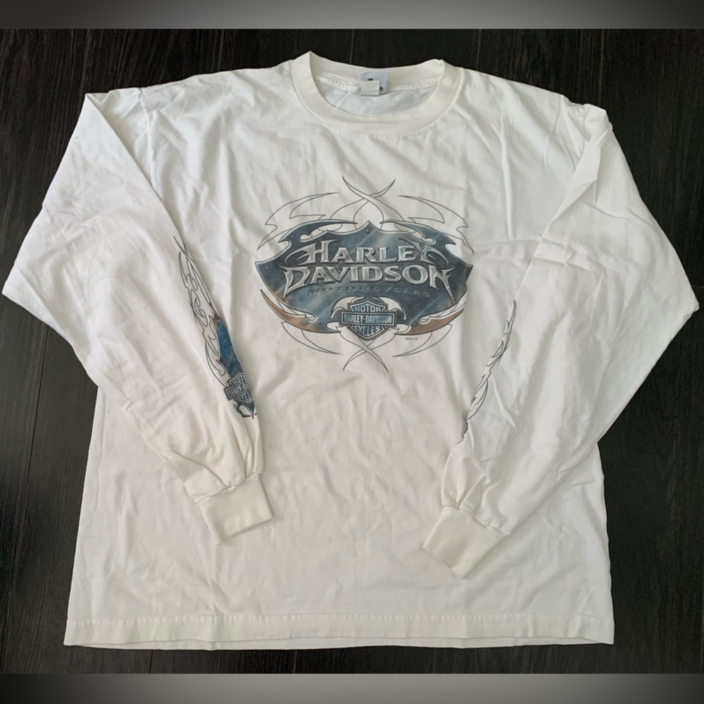 Harley-Davidson White and Blue Graphic Long Sleeve Tee